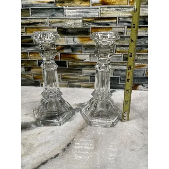 Vintage MMA Metropolitan Museum Of Art Clear Sandwich Glass Candlesticks